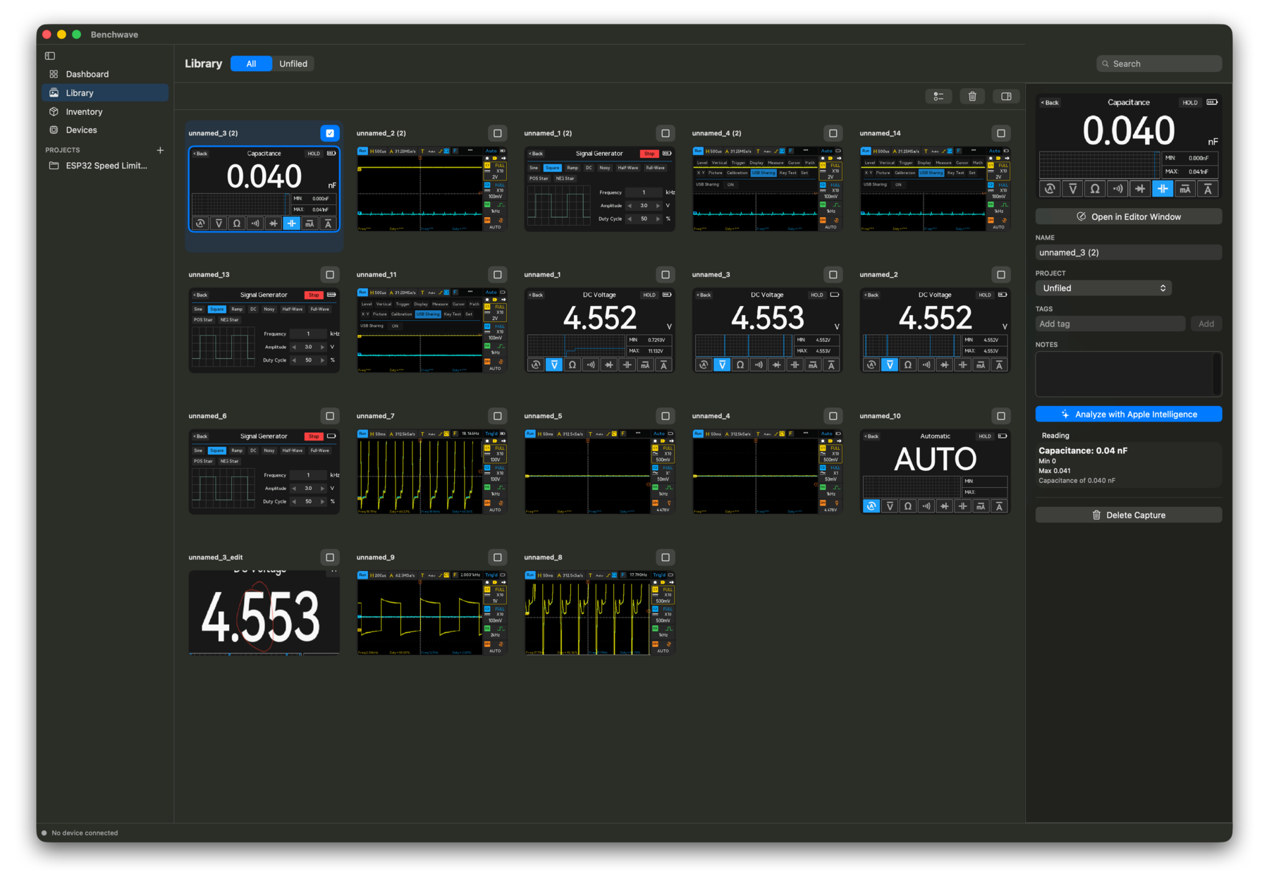 The Benchwave Library — a gallery of oscilloscope and multimeter captures.