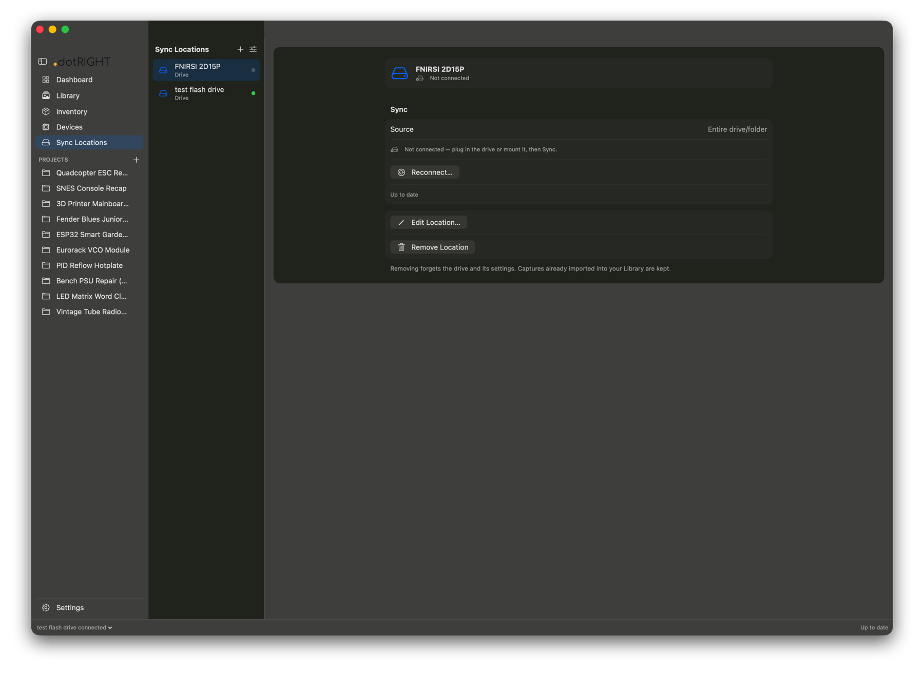 Benchwave Sync Locations screen, listing connected and not-yet-connected drives.